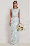 Robe de demoiselle d’honneur longue à col bateau bleu blanc à fleurs