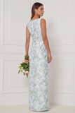 Robe de demoiselle d’honneur longue à col bateau bleu blanc à fleurs