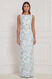 Robe de demoiselle d’honneur longue à col bateau bleu blanc à fleurs