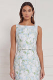 Robe de demoiselle d’honneur longue à col bateau bleu blanc à fleurs