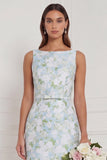 Robe de demoiselle d’honneur longue à col bateau bleu blanc à fleurs