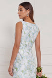 Robe de demoiselle d’honneur longue à col bateau bleu blanc à fleurs