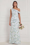 Robe de demoiselle d’honneur à col asymétrique sirène à col asymétrique, bleu blanc à fleurs