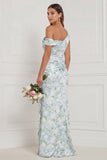 Robe de demoiselle d’honneur à col asymétrique sirène à col asymétrique, bleu blanc à fleurs