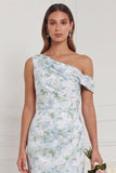 Robe de demoiselle d’honneur à col asymétrique sirène à col asymétrique, bleu blanc à fleurs
