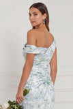 Robe de demoiselle d’honneur à col asymétrique sirène à col asymétrique, bleu blanc à fleurs