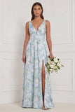 Robe de demoiselle d’honneur à col V en fleur blanche bleue A avec fente