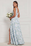 Robe de demoiselle d’honneur à col V en fleur blanche bleue A avec fente