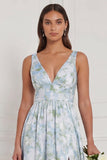 Robe de demoiselle d’honneur à col V en fleur blanche bleue A avec fente