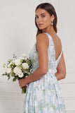 Robe de demoiselle d’honneur à col V en fleur blanche bleue A avec fente