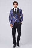 Costumes de mariage homme à revers bleus en châle bleu en trois pièces à un bouton.