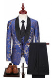 Costumes de mariage homme à revers bleus en châle bleu en trois pièces à un bouton.
