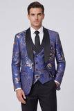 Costumes de mariage homme à revers bleus en châle bleu en trois pièces à un bouton.