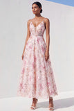 Robe d'invitée de mariage rose clair maxi ligne A à sequins imprimé floral