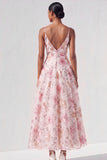 Robe d'invitée de mariage rose clair maxi ligne A à sequins imprimé floral