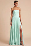Robe de demoiselle d’honneur bleu clair plissée longue ligne avec fente