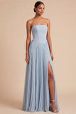 Robe de demoiselle d’honneur bleu clair plissée longue ligne avec fente