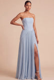 Robe de demoiselle d’honneur bleu clair plissée longue ligne avec fente