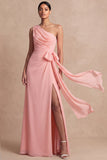 Robe rose de demoiselle d’honneur en mousseline mousseline en mousseline à une épaule avec une ceinture