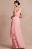 Robe rose de demoiselle d’honneur en mousseline mousseline en mousseline à une épaule avec une ceinture