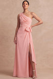 Robe rose de demoiselle d’honneur en mousseline mousseline en mousseline à une épaule avec une ceinture