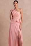 Robe rose de demoiselle d’honneur en mousseline mousseline en mousseline à une épaule avec une ceinture