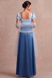 Robe de demoiselle d’honneur maxine en satin à col carré bleue A avec manches