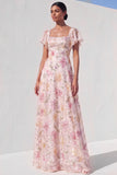 Robe de bal longue de bal à manches à sequins roses à sequines florales