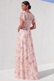 Robe de bal longue de bal à manches à sequins roses à sequines florales