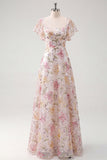 Robe de bal longue de bal à manches à sequins roses à sequines florales