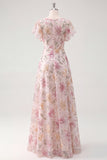 Robe de bal longue de bal à manches à sequins roses à sequines florales
