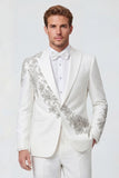 Costumes de mariage blancs 2 pièces à revers point, un bouton, avec perles