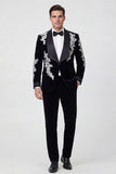 Veste de costume de mariage homme noire à col châle un bouton épaule unique avec appliques