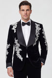 Veste de costume de mariage homme noire à col châle un bouton épaule unique avec appliques