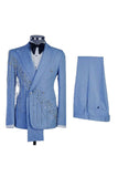 Costumes de bal de bal en châle en 2 pièces bleu clair à double boutonnage avec perles