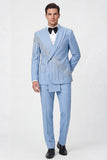 Costumes de bal de bal en châle en 2 pièces bleu clair à double boutonnage avec perles