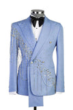 Costumes de bal de bal en châle en 2 pièces bleu clair à double boutonnage avec perles