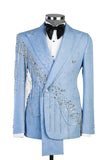 Costumes de bal de bal en châle en 2 pièces bleu clair à double boutonnage avec perles