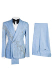 Costumes de bal de bal en châle en 2 pièces bleu clair à double boutonnage avec perles