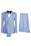Costumes de bal de bal en châle en 2 pièces bleu clair à double boutonnage avec perles