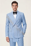 Costumes de bal de bal en châle en 2 pièces bleu clair à double boutonnage avec perles