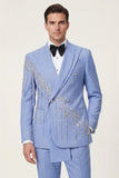 Costumes de bal de bal en châle en 2 pièces bleu clair à double boutonnage avec perles