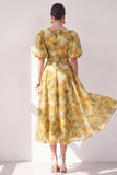 Robe midi fleurie jaune à col en V froncée avec manches bouffantes