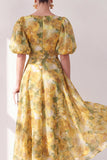 Robe midi fleurie jaune à col en V froncée avec manches bouffantes