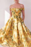 Robe midi fleurie jaune à chiffon en mousseline dénudée avec poches