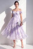 Robe midi à fleurs fronces, ligne décollée lilas
