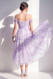 Robe midi à fleurs fronces, ligne décollée lilas