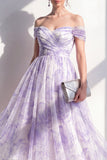 Robe midi à fleurs fronces, ligne décollée lilas