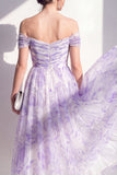 Robe midi à fleurs fronces, ligne décollée lilas