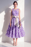 Robe midi fleurie bleue à col rond appliquée avec nœud